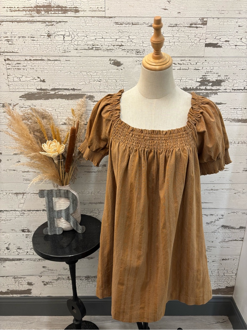 Free People Camel Smocked Square-Neck Mini Dress
